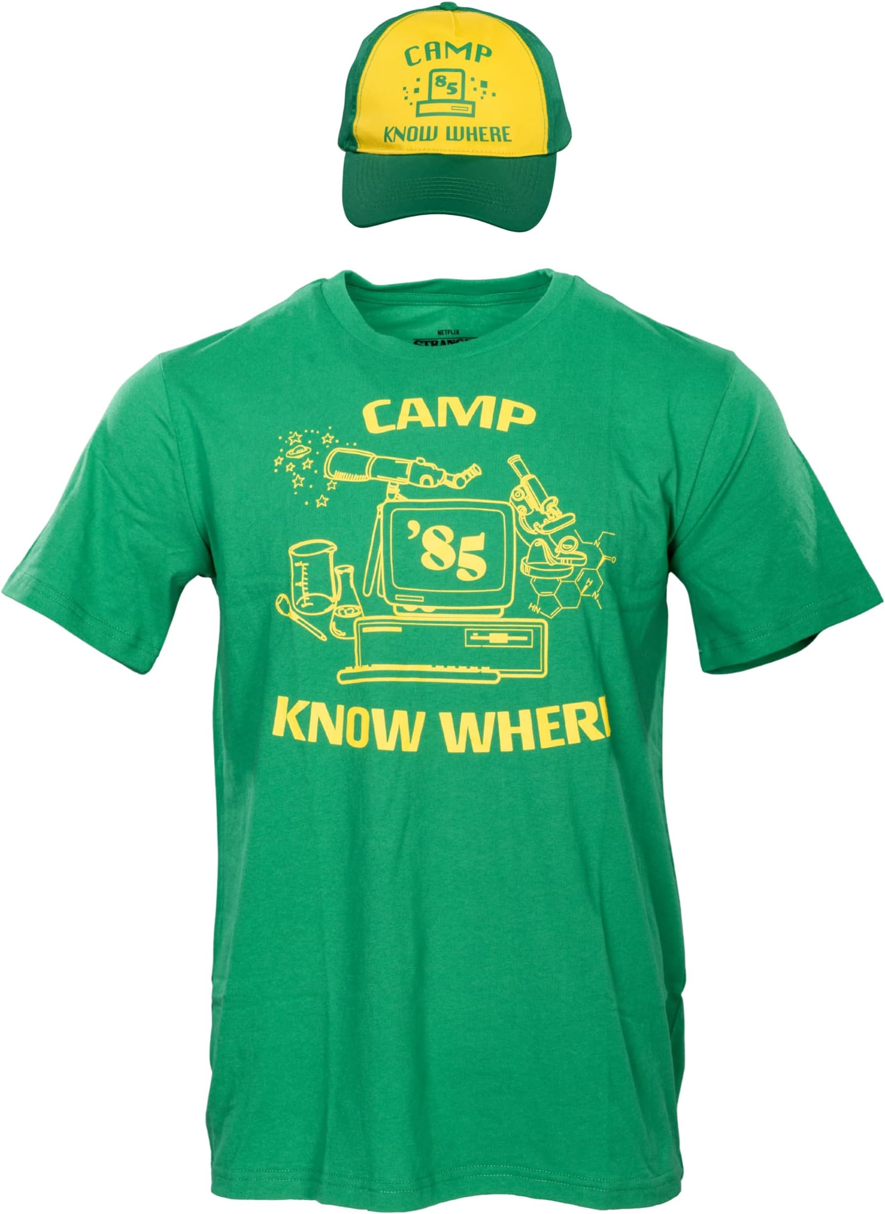 Stranger Things Dustin Camp Know Where Adult Halloween Costume T-Shirt and Hat Set Cosplay - Officially Licensed L