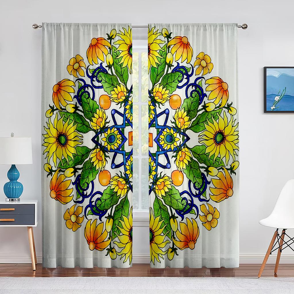 Mandala Gule Blomster Sterkt Geometrisk Mønster Skjære Voilgardiner for Stue Soverom Vindu Gjennomsiktige Tyllgardiner