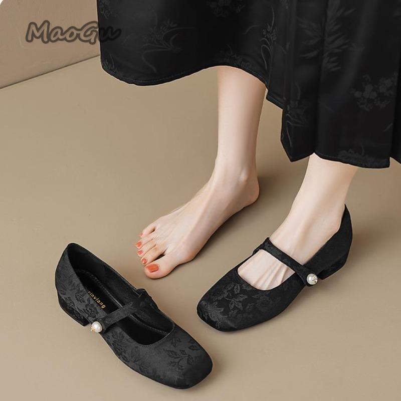 Fashion Elegant Square Toe Low Heel Pumps Women's Thick Heeled Chinese Style Mary Jane Shoes Shallow Mouth Comfortable Shoes for Women