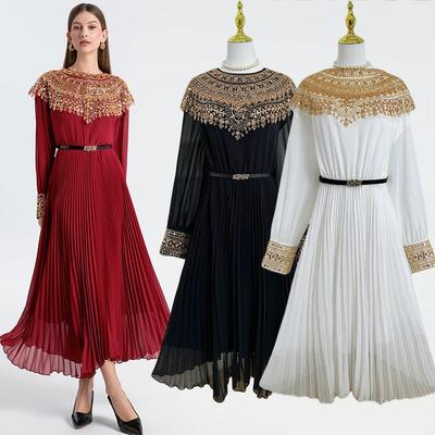 Temperament Robe Femme Maxi Kleider für Frauen Langarm O-Ausschnitt Pailletten Schlanke Taille Vintage Plissee Kleid 2025 Vestidos De Mujer