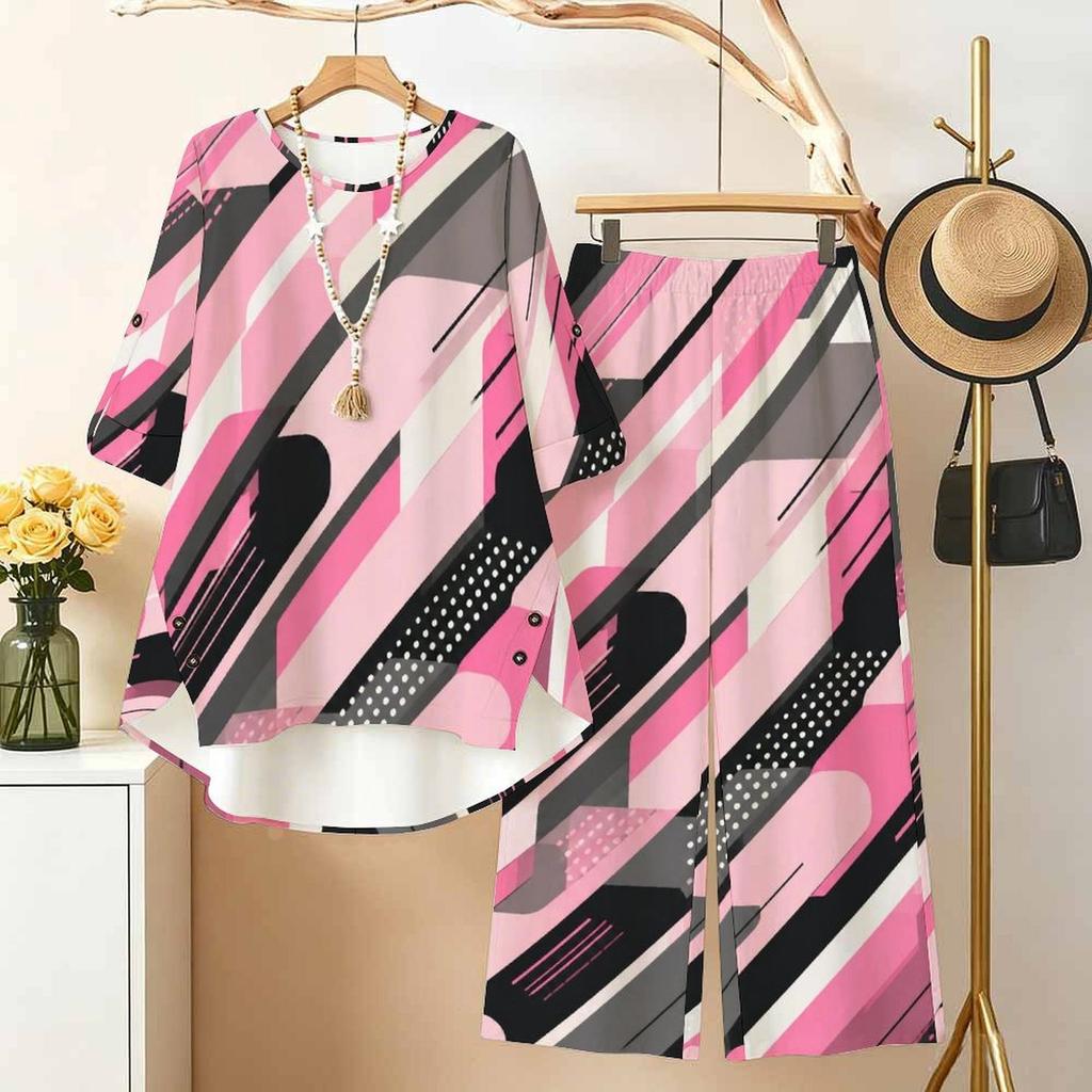 Women Plus Size Round Neck Three Quarter Sleeve Geometric Printed High Low Top And Long Pants Two Piece Set