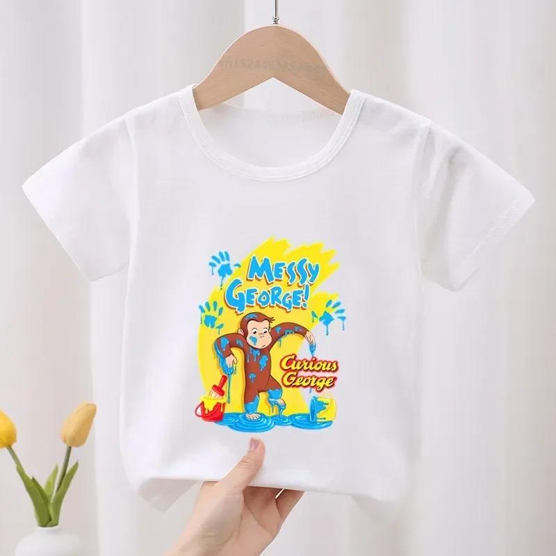 Curious George Roztomilý opičí potisk Dětské tričko Dětské oblečení Letní Oblečení pro holčičky Chlapecká trička s krátkým rukávem