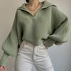 Women Knitting Tops Lapel V-Neck Long Sleeve Solid Color Sweater Loose Fit Warm