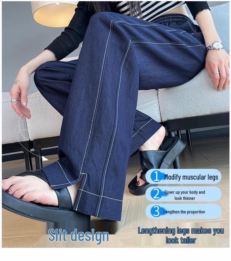 

Women s Summer High Waist Wide-Leg Denim Pants with Slit - American Style, Thin Fabric, Fashionable Casual Blue. XL (120-135 jin)