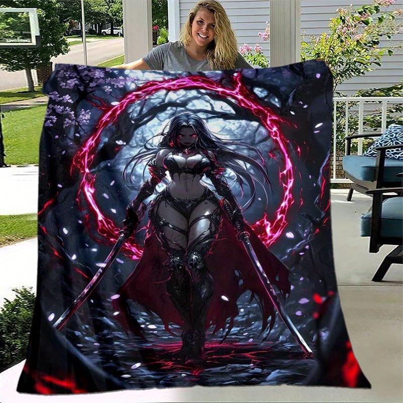 

Dark Gothicstyle female warrior pattern Flannel printed blanket suitable for all seasons for living room office sofa and travel 75x100cm (30x40inch)