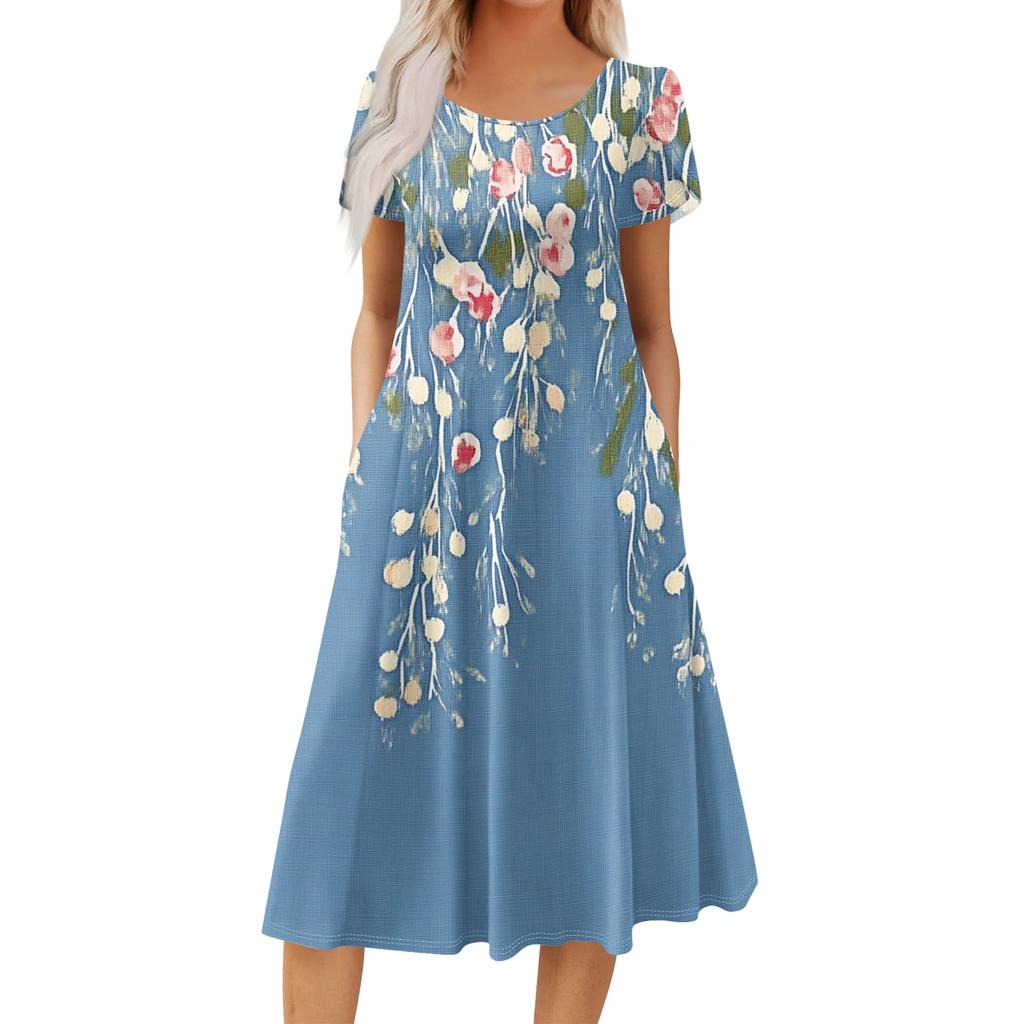 Women's Casual Fashion Round Neck Printed Short Sleeve Pocket Dress