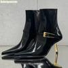 Fashion 2025 Spring New Style Metal Stiletto Pointed Ankle Boots Women Fashion High Heeled Patent Leather Side Zipper Black Fashion Boot