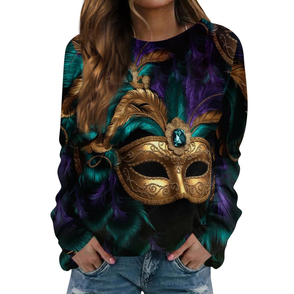 Women's Fashion Casual Long Sleeved Print Round Neck Sweater Top