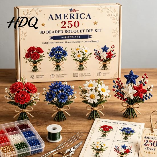 Small 3D Floral Arrangement America 250 Beaded Bouquet DIY Kit 4th of July Patriotic Flower Craft Fantasy Art Kit Handmade Set 1776-2026 Independence