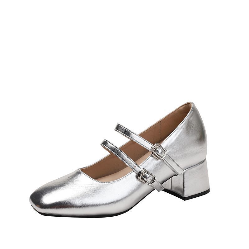 Mary Jane shoes inner height increase romantic retro light mouth single shoes summer word with silver gentle style leather shoes women