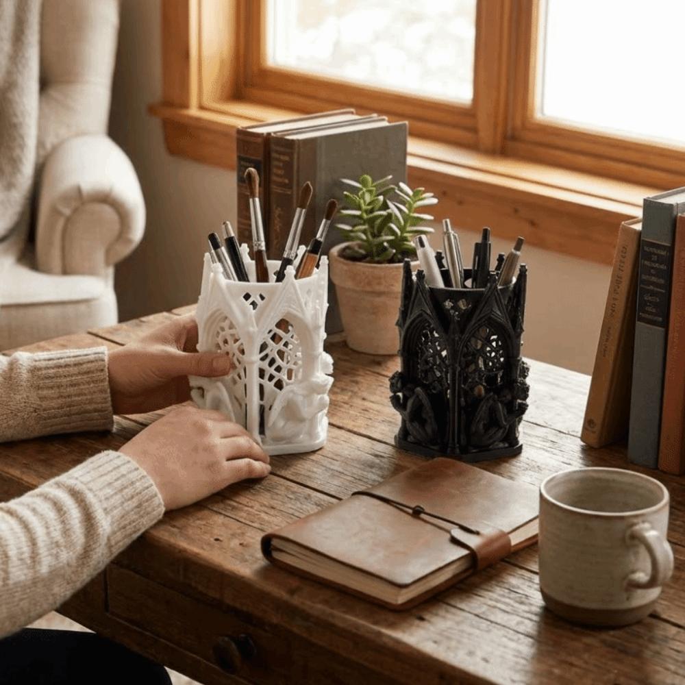 Cool Art Vintage 3D Printed Pen Holder Unique Hollow-out Gothic Pen Holder Creative Desk Organizer Office