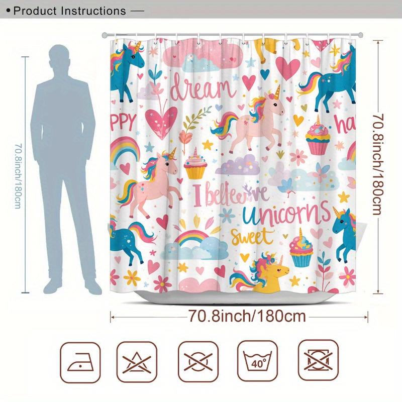 1pc Pastel Unicorns and Cupcakes Shower Curtain Polyester Fabric Bathroom Decor featuring Unicorns, Cupcakes, Rainbows, Clouds,