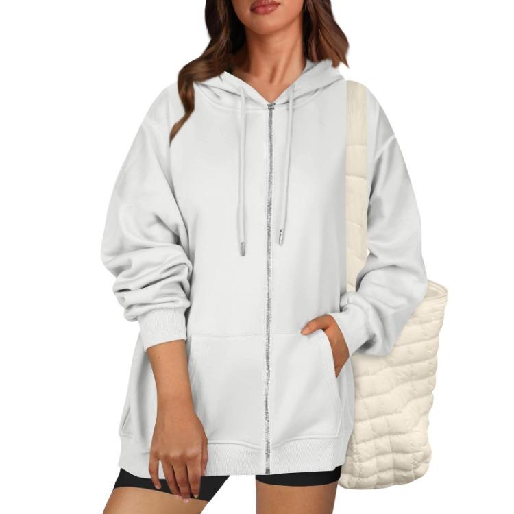 Casual Women Loose Hooded Zip Pocket Sweatshirt Jacket Fashion Top