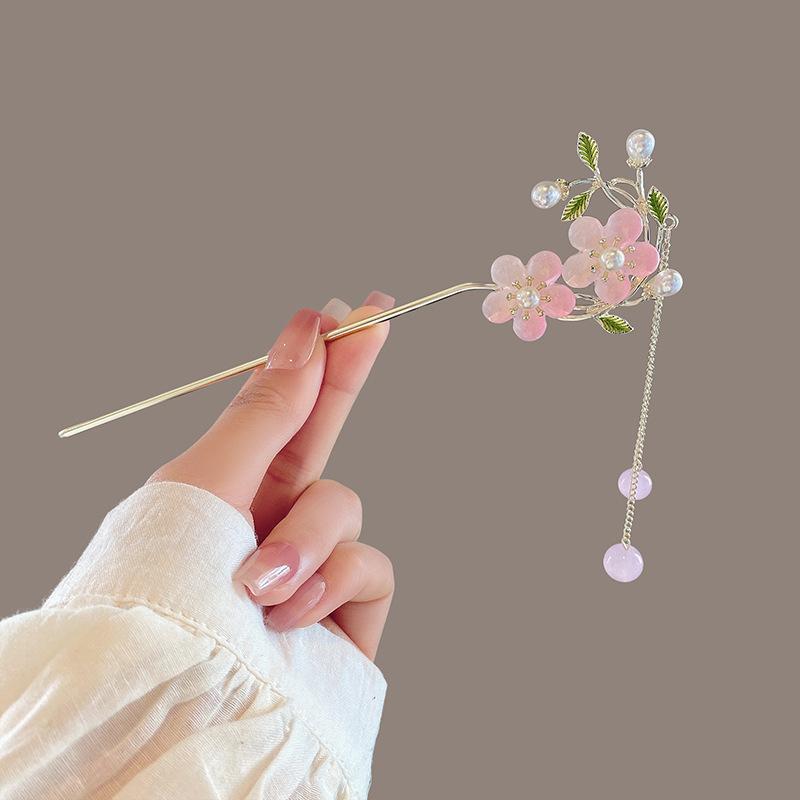 Classic Chinese Double Flower Hair Stick Pins for Women Flower Beaded Tassel Handmade Hairpins Jewelry Accessories Hair Ornament
