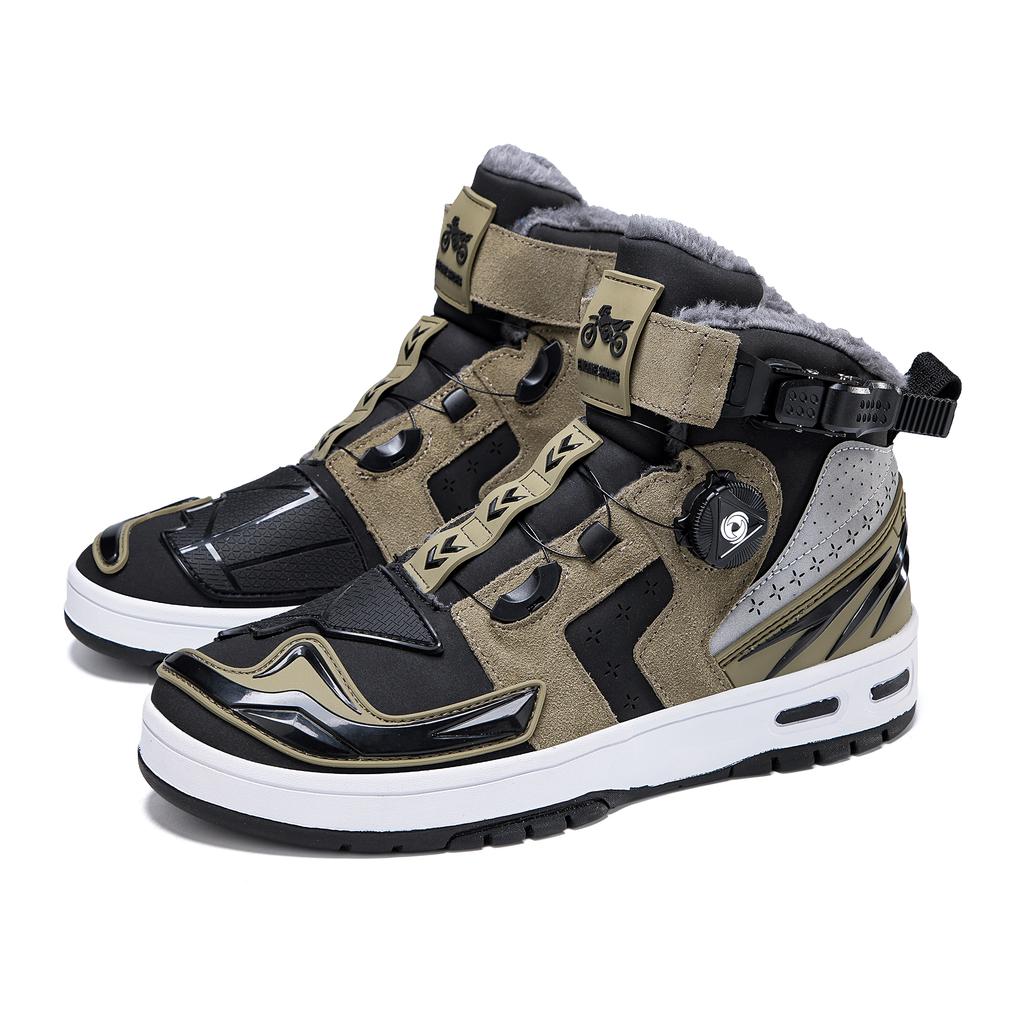 Autumn/Winter UNISEX Plus Velvet Motorcycle Boots Large Size Rotating Buttons Deoxy Leather Anti -sliding Collision Ride Boots Sneaker for Men