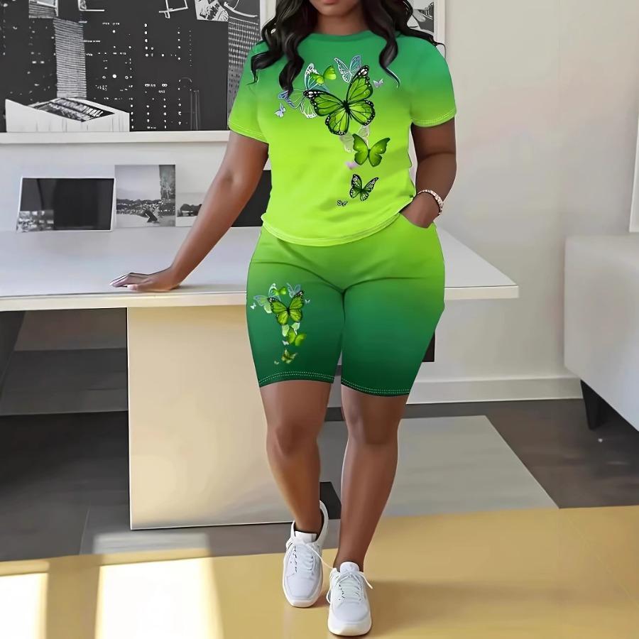 Fashion Casual Women's Shorts Short Sleeve Suit Gradient Letter Print Summer Suit T-shirt + Shorts 2 Pieces Sets
