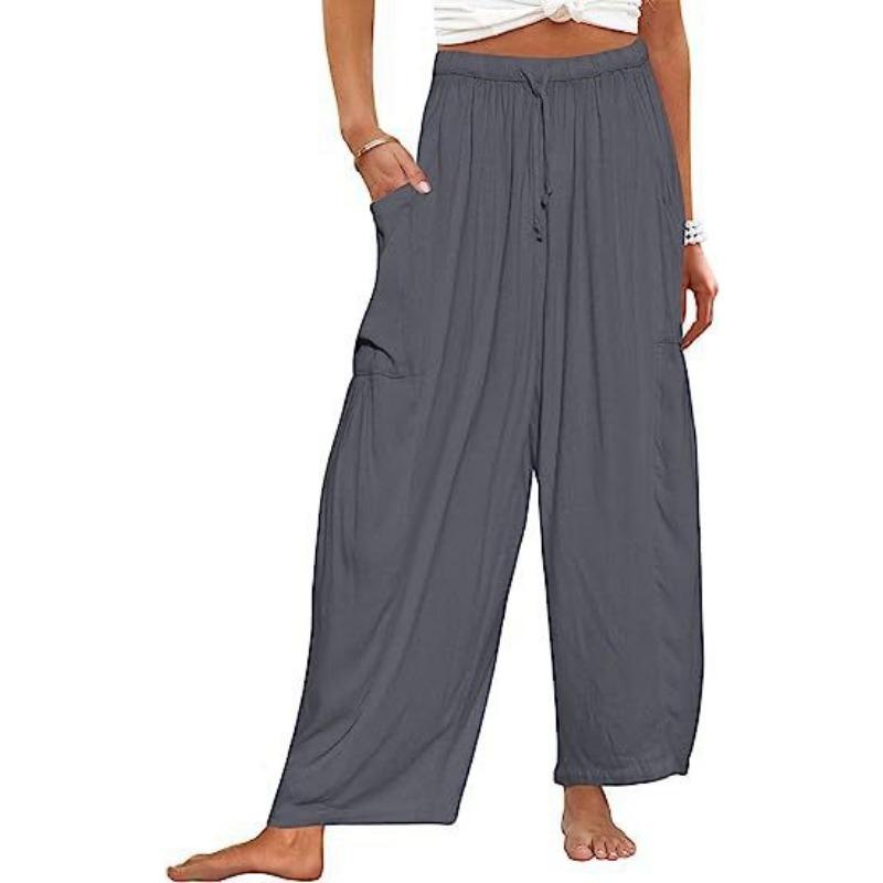 Spring and Summer Elastic Waist Pleated Mid Waist Straight Leg Pants, Loose Casual Cotton and Linen Cropped Pants