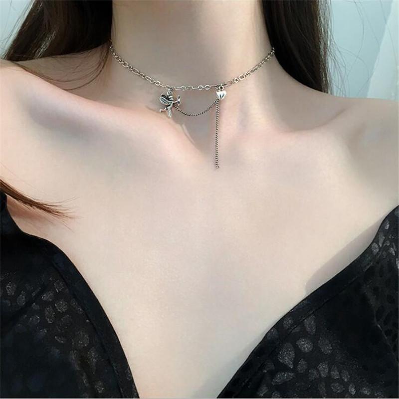 Thai Silver Texture Tassel Heart 925 Sterling Silver Jewelry Retro Love Angel Clavicle Chain Exquisite Necklaces TYB351
