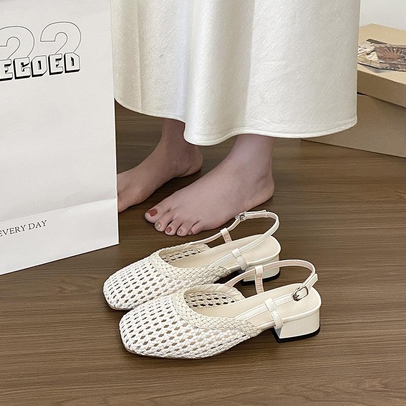 Hollow temperament sandals fairy square head French thick heel versatile women's summer braided belt rear empty wind hole shoes