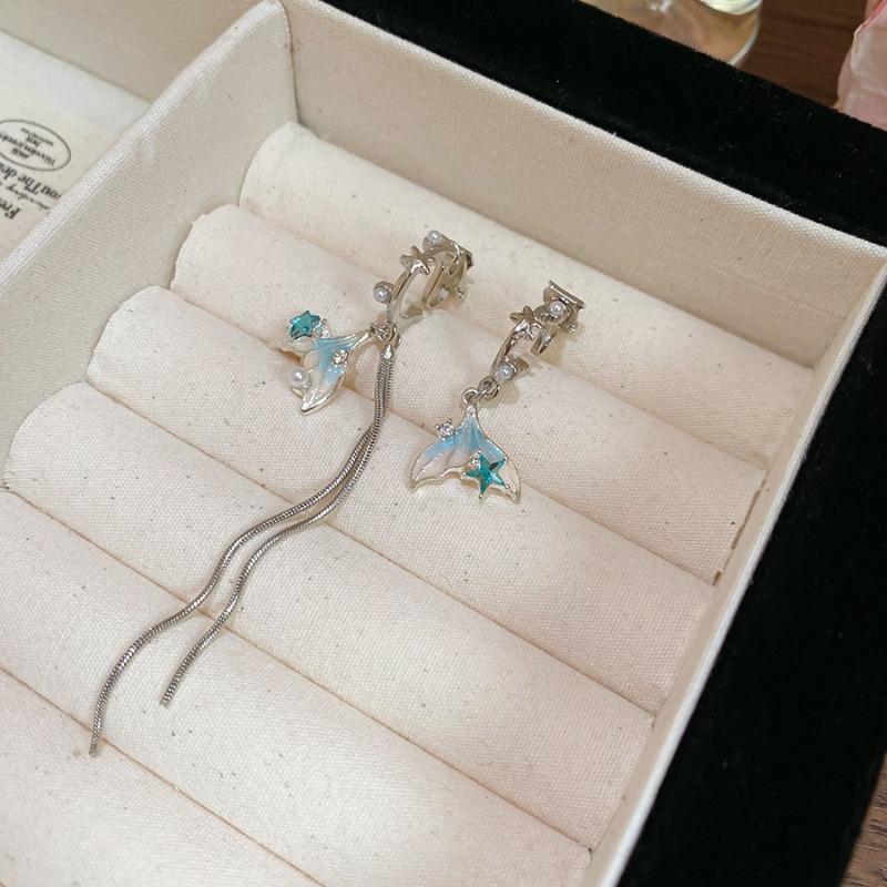 Silver Needle Diamond Pearl Fish Tail Tassel Earrings Summer Holiday Style Exquisite Versatile Earrings Fresh and Sweet Earrings Women