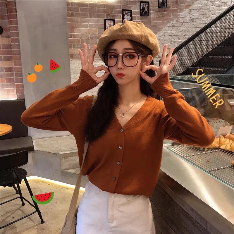 Spring and Autumn Thin Women's Knitwear Short Cardigan Western Style V-Neck Versatile Long Sleeve Top