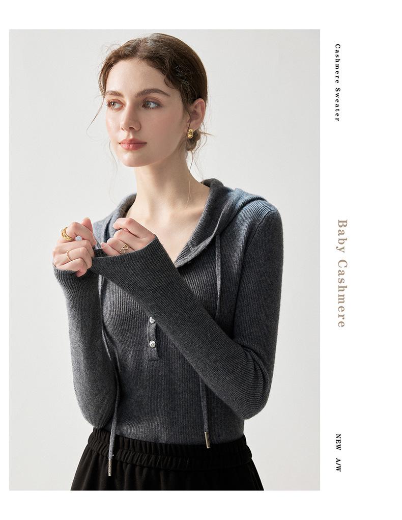 Women's Elegant Ribbed Cashmere Pullover - Slim Fit, Hooded, Solid Color, Autumn 2026 Collection.