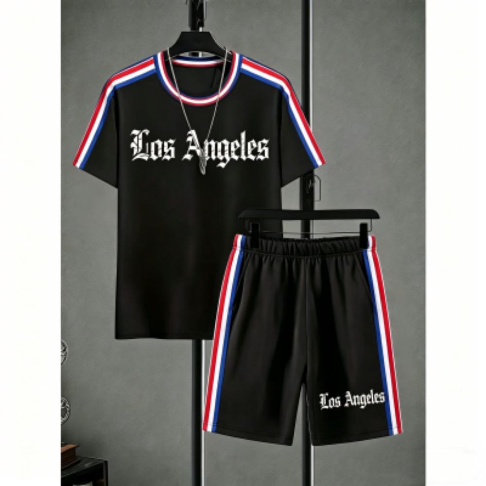 Men's Set Stripe Printed Men's T-shirt and Shorts 2 Piece Set Summer Casual Outdoor Men's and Women's T-shirt Sets