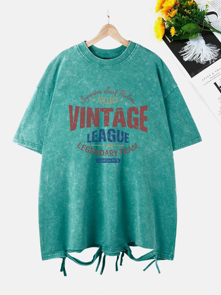 Vintage League Letter Prints Washed TShirts Women Cottontops Comfortable ONeck Oversize T Shirts Fashion Womans Streetwear