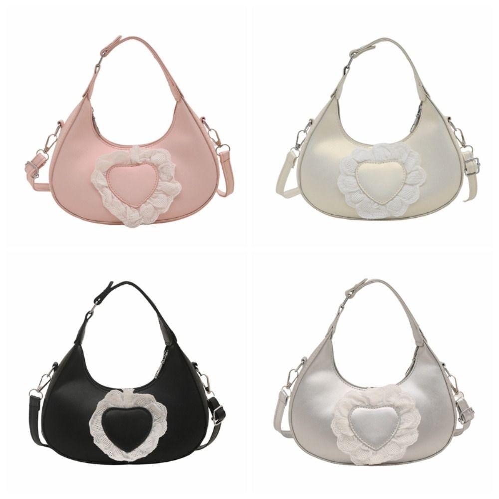 Casual Solid Color Love Heart Crossbody Bag Korean Style PU Leather Women Underarm Bag Handbag All-match Crescent Bag Women