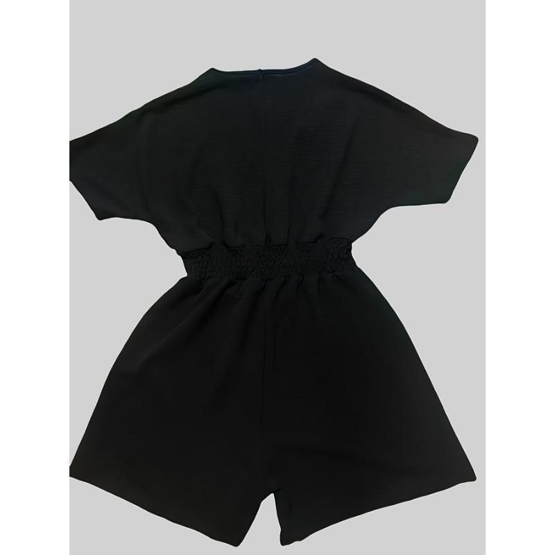 Solid V Neck Romper, Elegant Short Sleeve Shirred Waist Jumpsuit For Spring & Summer, Women's Clothing