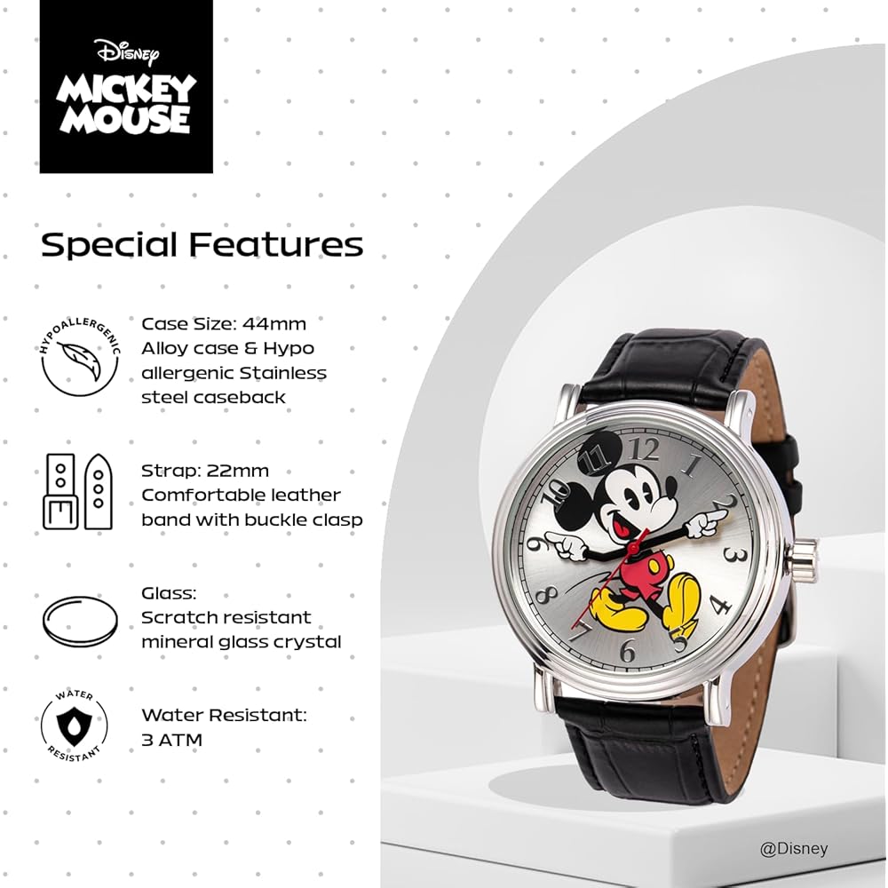 Disney Mickey Mouse Silver Tone Watch with Black Band Men's Fashion Accessory
