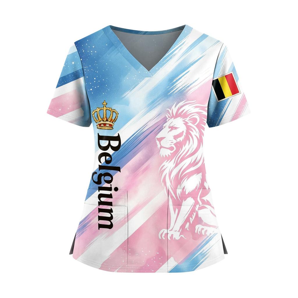 Women's V-Neck Short Sleeve Work Top with Pockets and Side Slits, Soccer Flag Print