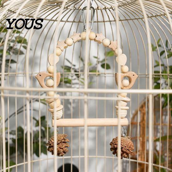 Wooden Blocks Bird Chew Toy Parrot Swing Perch, Toy, Beaded Arch Play Gym with Bells or Pine Cones, Cage Accessories for Parakeet Cockatiel