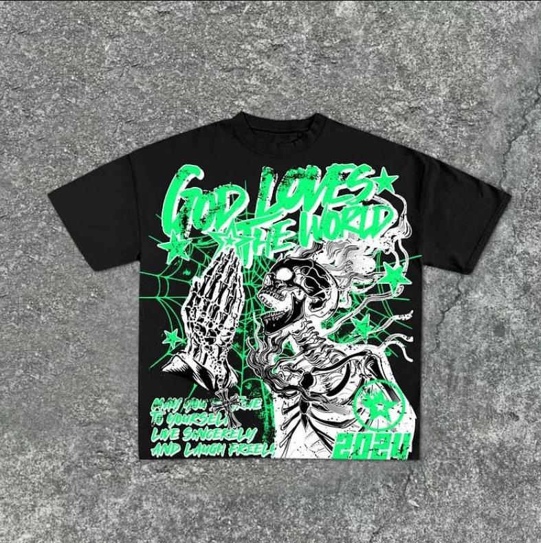 T-shirt Oversize Streetwear Retrò Americana con Stampa Scura e Effetto Usurato