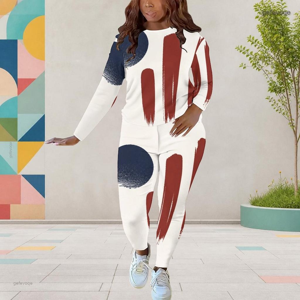 Women Plus Size White Round Neck Long Sleeve Printed Top And Fitted Pants Two Piece Set