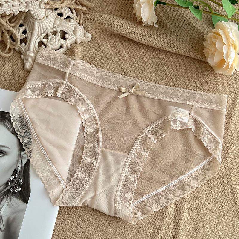 French Lace Ice Silk Mid-Waist Panties - Women's Sexy Semi-Transparent Seamless Briefs with Soft, Breathable Crotch