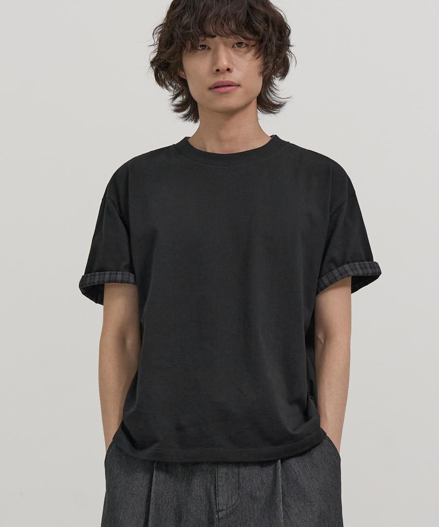 EXCONTAINER Check Layered Crop Half T-Shirt (Black)