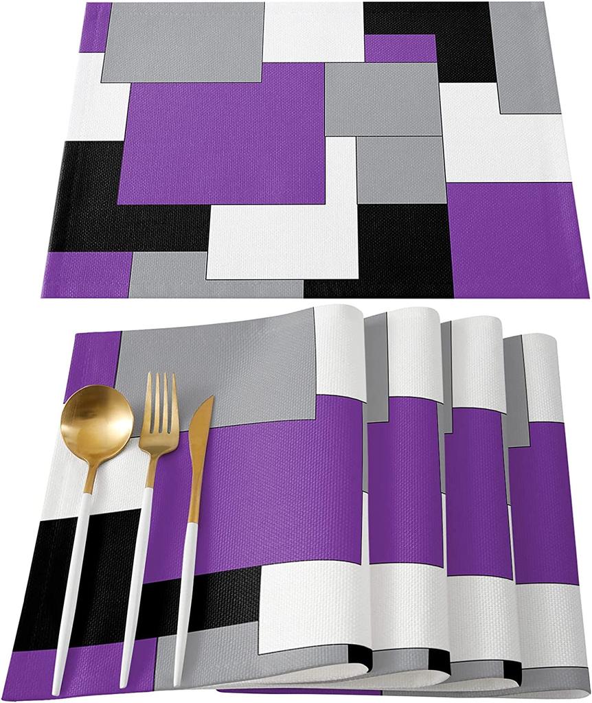 Room Decor  Dining Table Decor  Abstract Art Patchwork Purple Black Grey Kitchen Table Pad  Dining Table Mat Set 4pcs Placemats