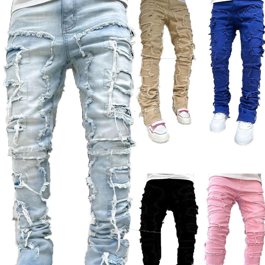 Men's Fashion Trend Elastic Tassel Patchwork Straight-Leg Jeans