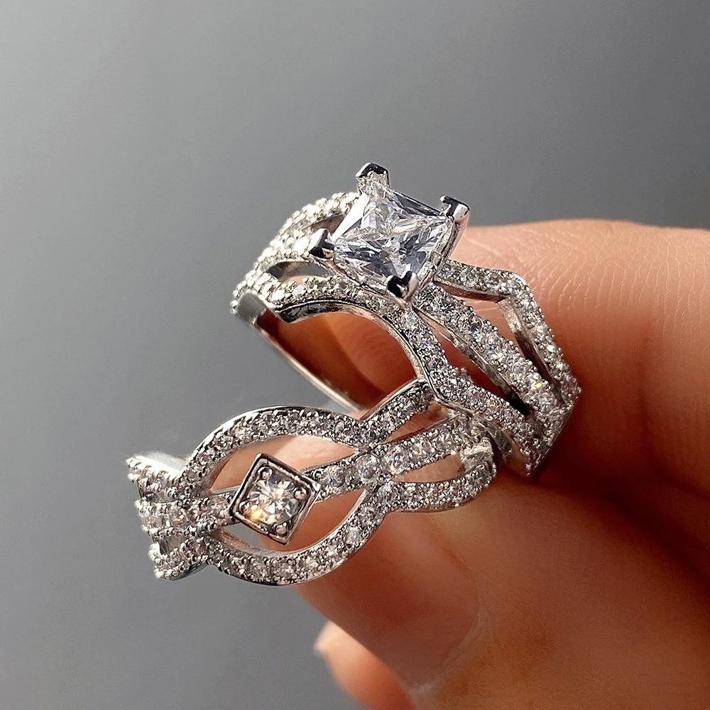 2Pcs/Set Fashion Silver Color Rhinestone Zircon Rings For Women Full Crystal Rings Wedding Engagement  Anniversary Gifts