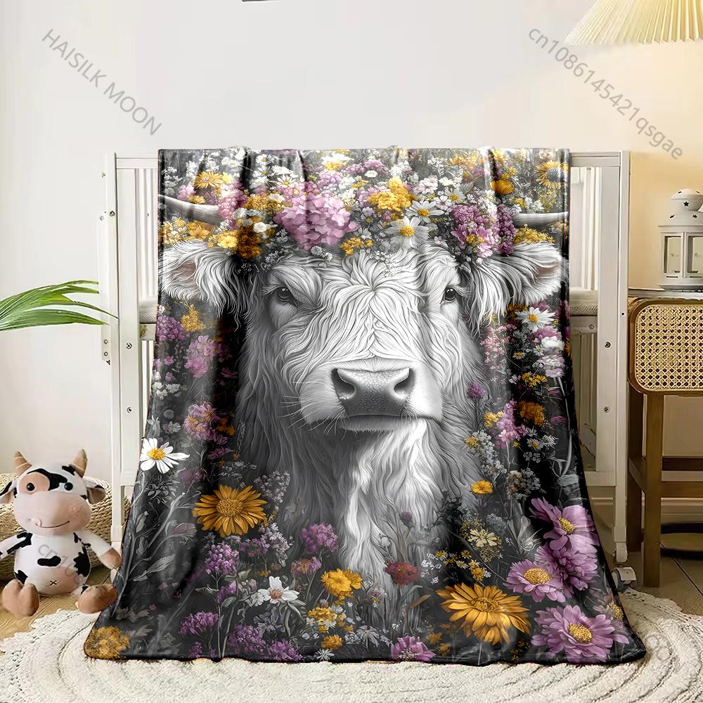 

1PC Cow with colorful flower wreath Print Adult Children Warm Blankets Home Travel Car Soft Comfortable Suitable for all seasons 75x100cm