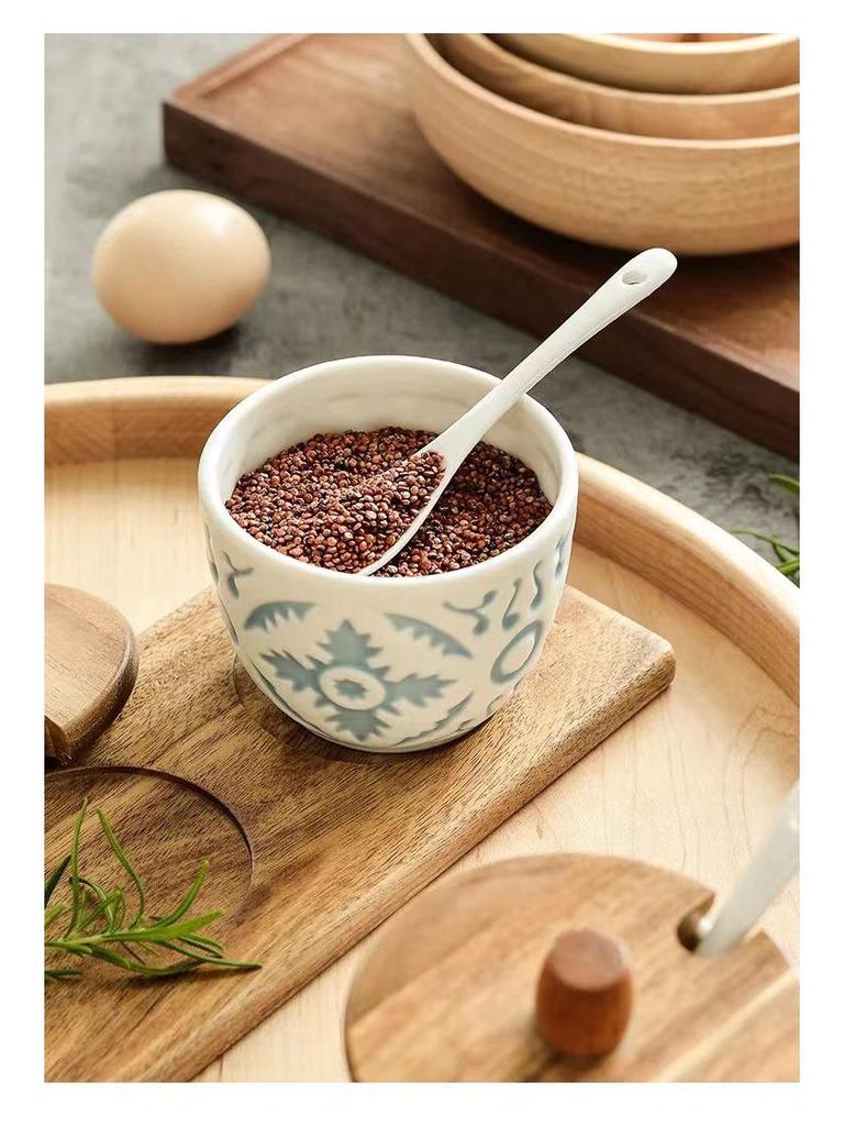 Japanese Seasoning Box Set: Three-Piece Embossed Ceramic Jars with Wooden Holder and Spoon