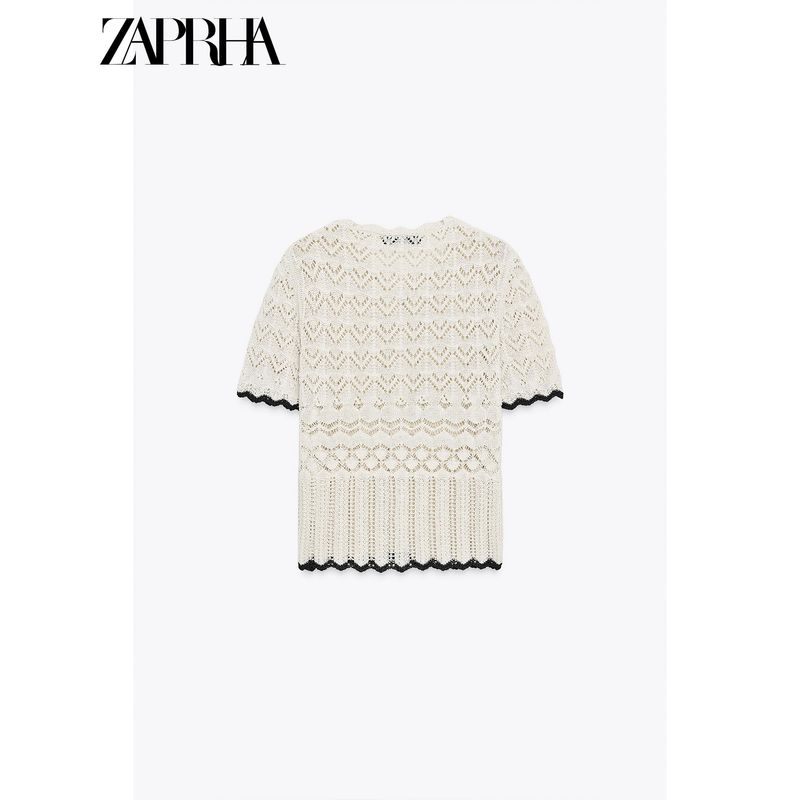 Zaprha 2025 Summer New Sweet Contrast Color Hollow Design round Neck Short sleeve Knit cardigan 6771121