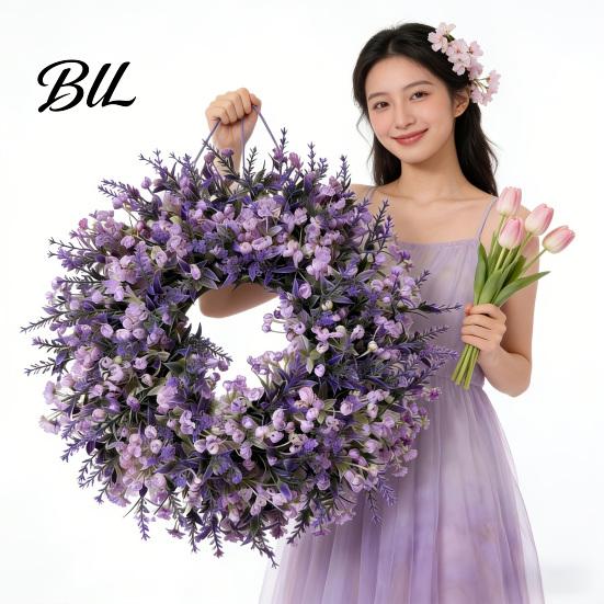 Décoration Lavande Fausse Couronne Artificielle pour Porte d'Entrée Printemps Été Arrangement de Fleurs Simulées Violettes Fausses Mur Intérieur Extérieur Porche Fenêtre