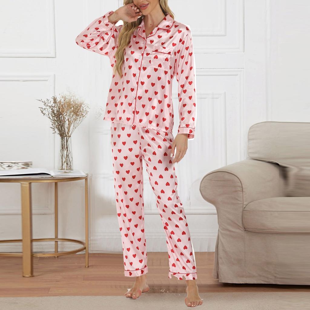 Women's Fall Casual Home Wear Suit Pajamas Satin Cardigan Long Sleeves