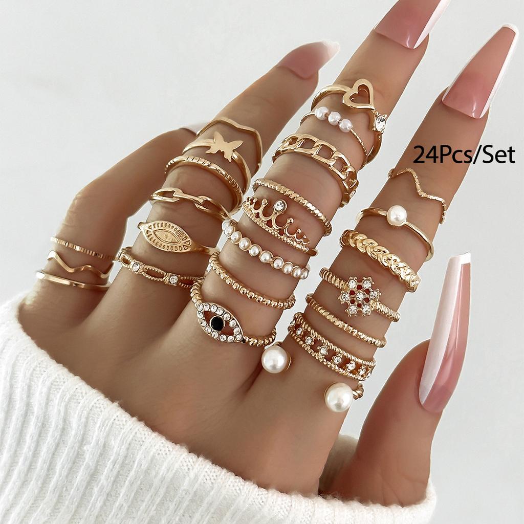 24 Stück Boho Geometrisches Knöchelring-Set für Damen Auge Schmetterling Herz Krone Perle Fingerring Mädchen Mode Party Schmuck Geschenk