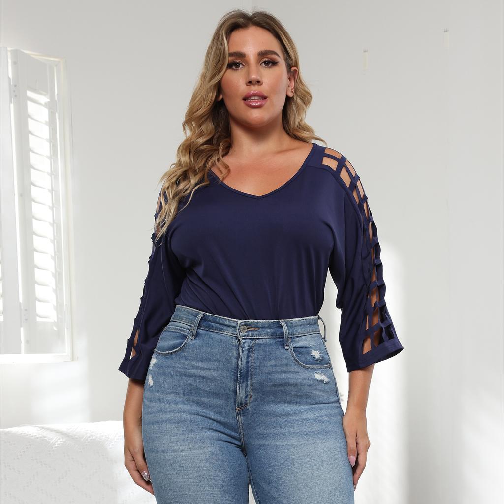 חולצות טי שירט לנשים אביב קיץ סתיו פלוס מידה חלול צווארון V חולצת טריקו חולצה עם שרוולים קצרים