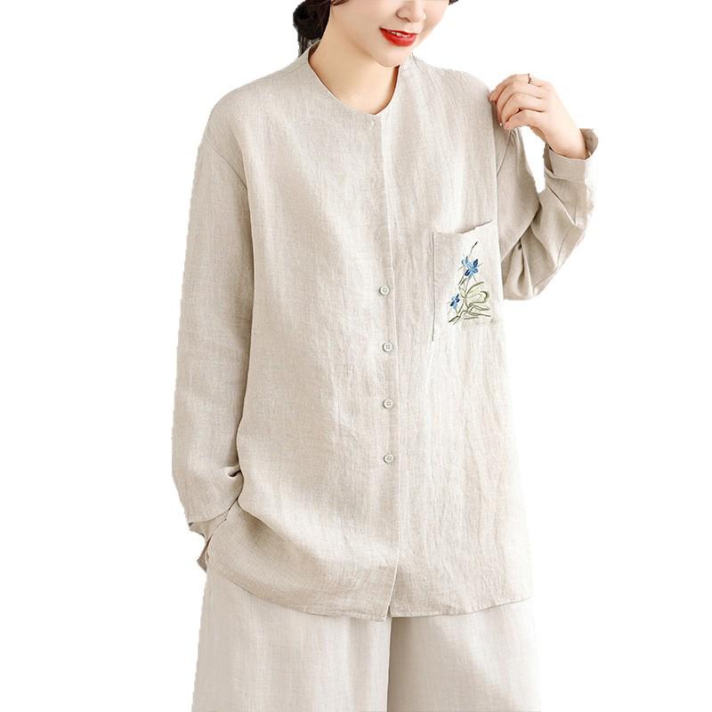 Rain Dew Hemp Embroidered Cotton Linen Long Sleeve Women's Casual Shirt - Chinese Style Artistic Top
