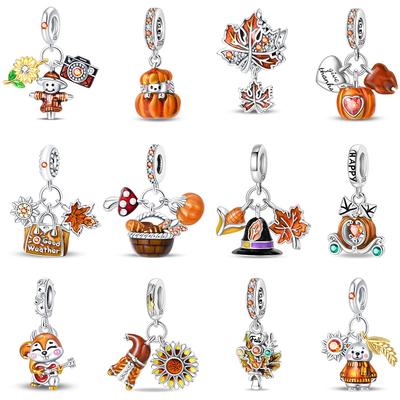 Copper Autumn Series Brown Maple Leaves Scarecrow Squirrel Pumpkin Charms Beads Fit Pandach Bracelets Diy Jewelry