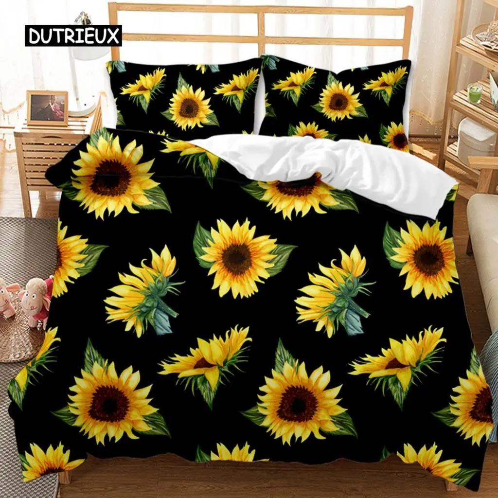 Sunflower Duvet Cover Set Girly Yellow Floral Print Twin Comforter Cover Women Blossom Flowers